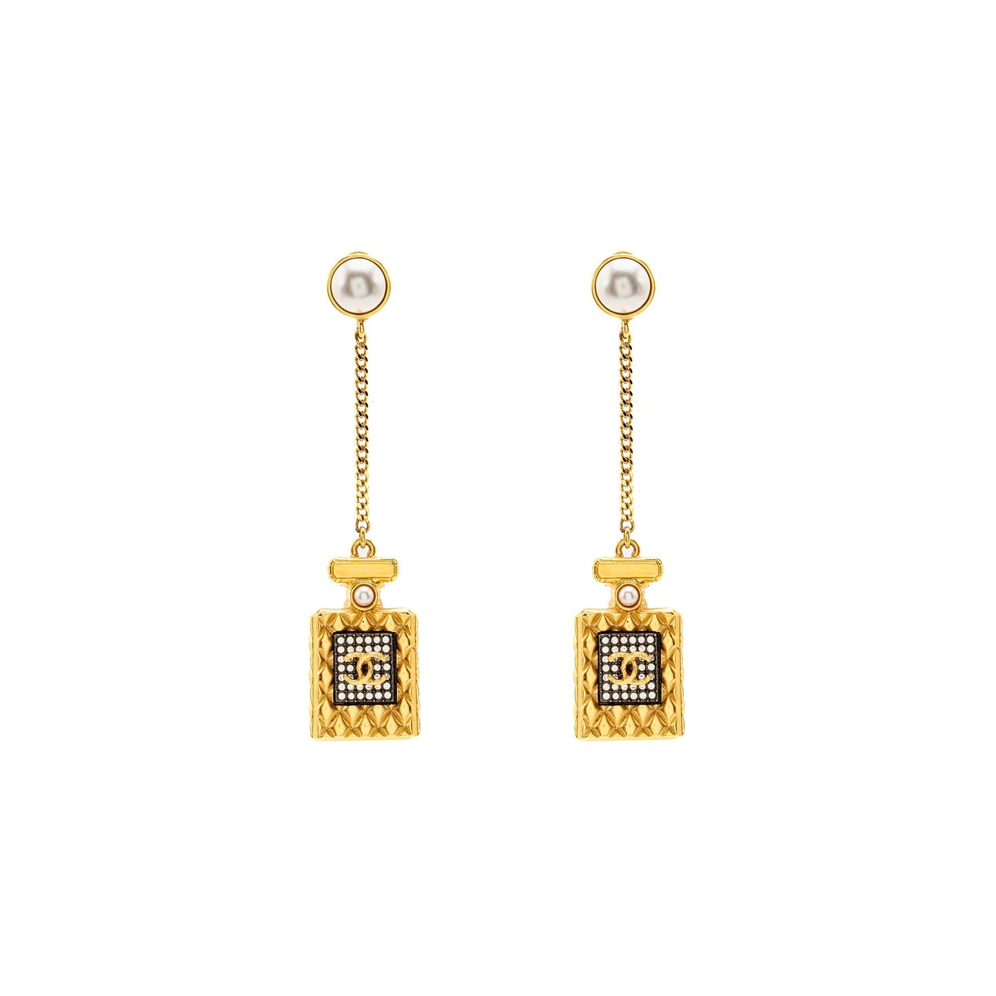 Chanel No.5 Perfume Bottle Drop Earrings Pearl/Crystal Gold Tone