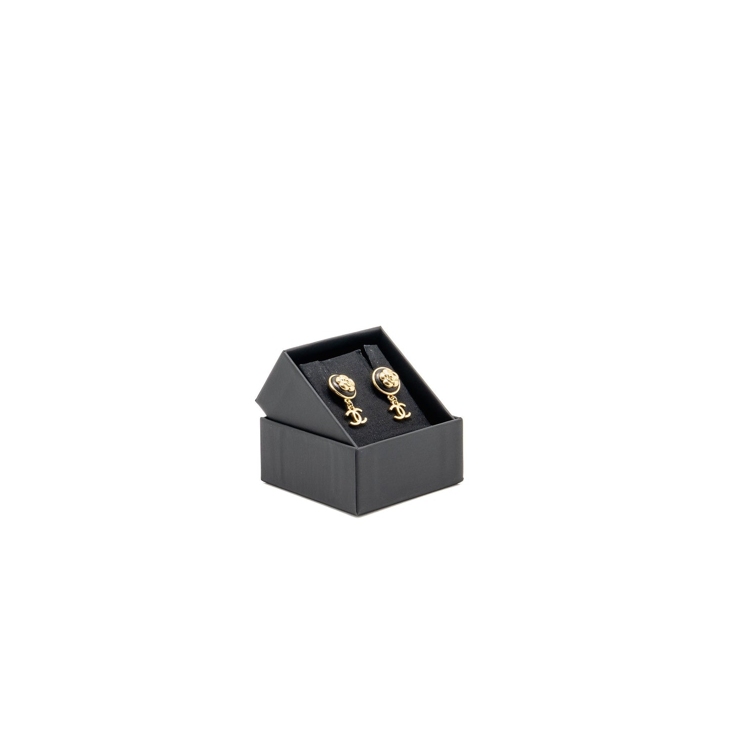 Chanel Round Camellia CC Drop Earrings Black Leather Gold Tone