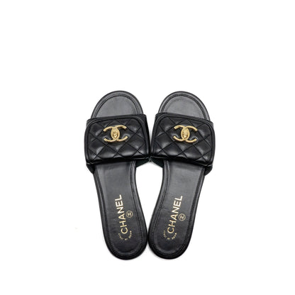 Chanel Size 37.5 Quilted CC Slide Sandals Leather Black LGHW