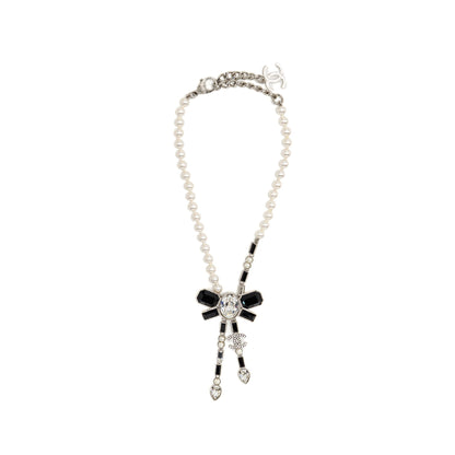 Chanel Crystal/Pearl CC Logo Dropped Necklace Silver Tone