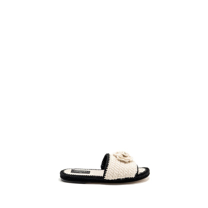 Chanel Size 39 23C Camellia Crochet Mules Sandals Ivory / Black