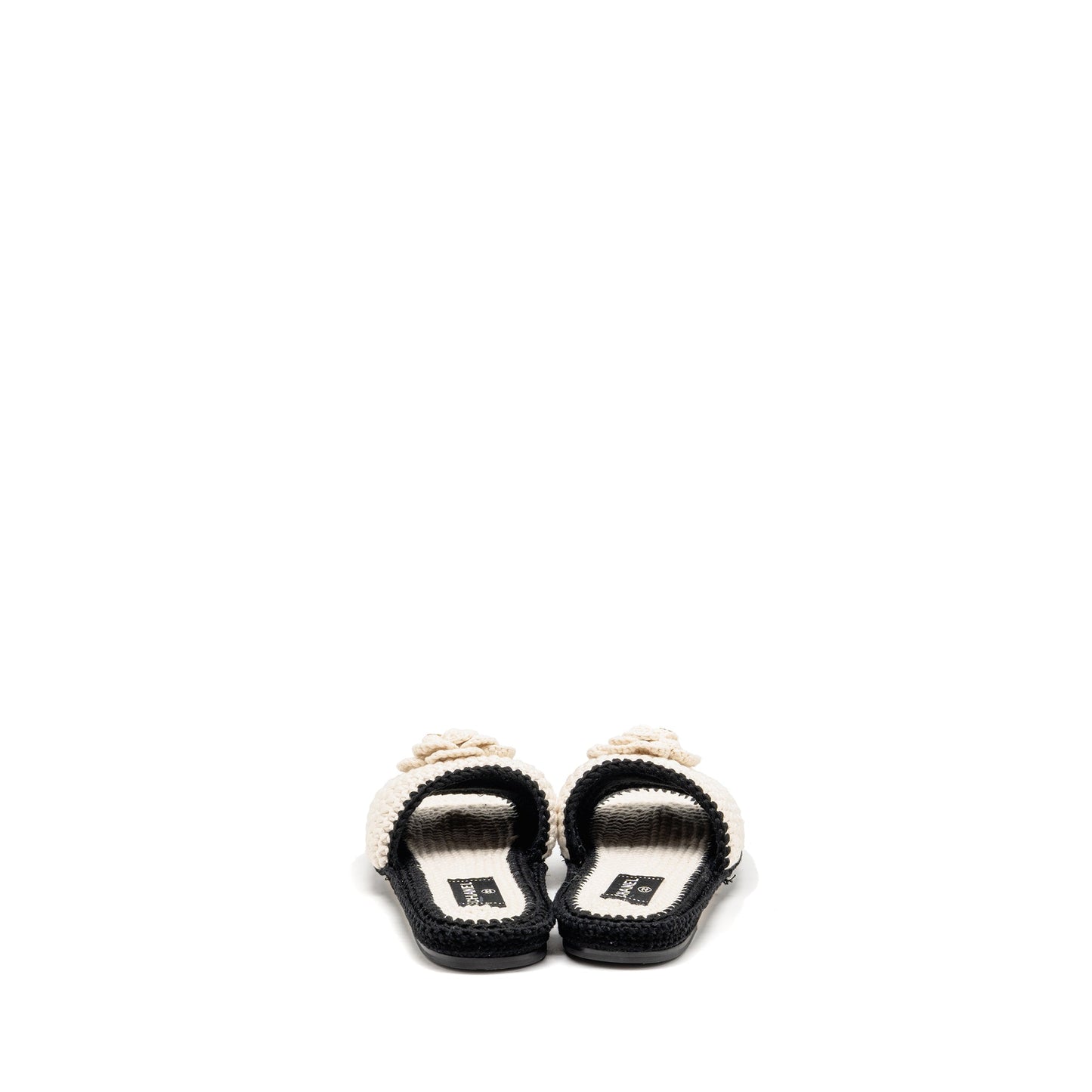 Chanel Size 39 23C Camellia Crochet Mules Sandals Ivory / Black