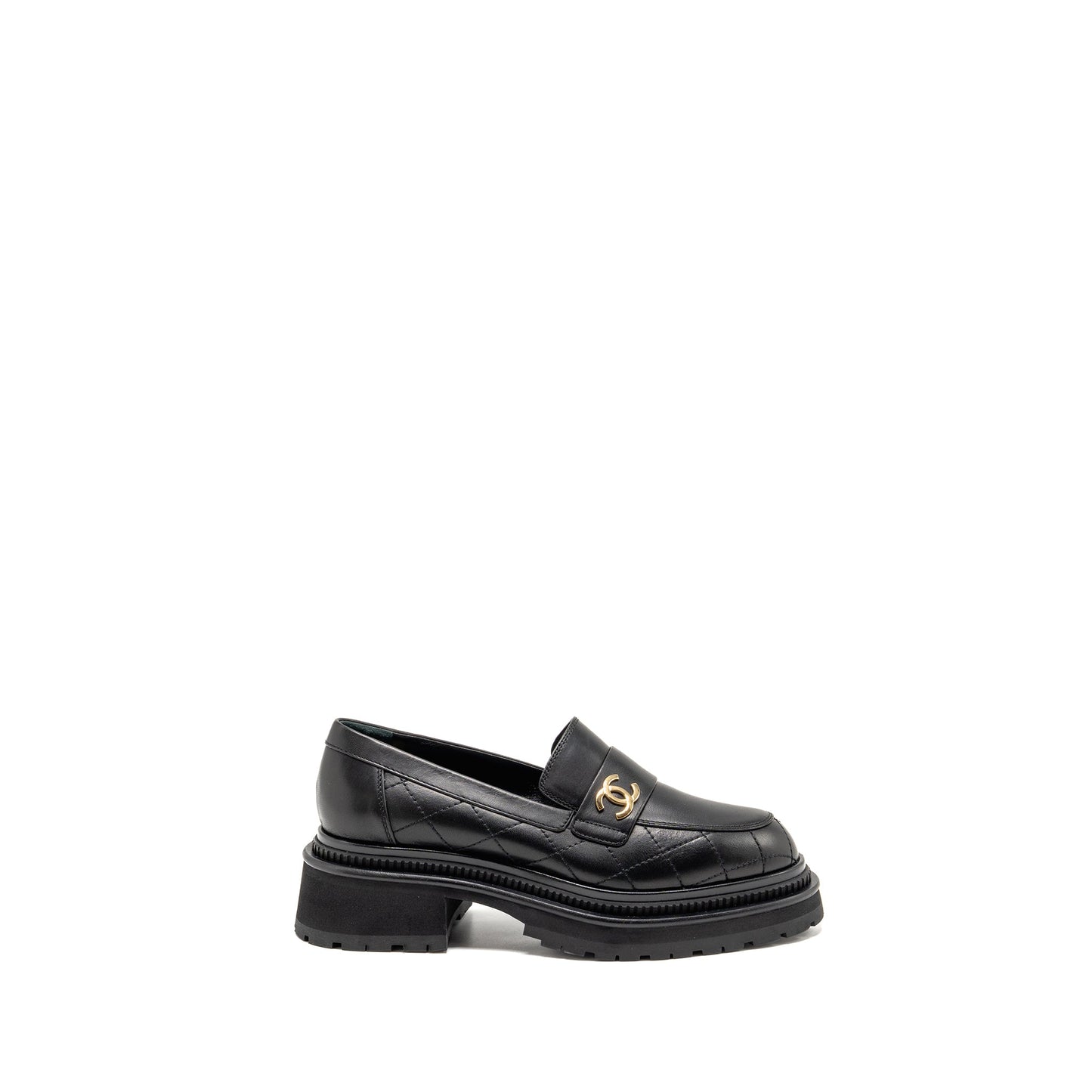 Chanel 23A Size 37 Qulited CC Platform Loafers Black LGHW