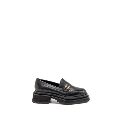Chanel 23A Size 37 Qulited CC Platform Loafers Black LGHW