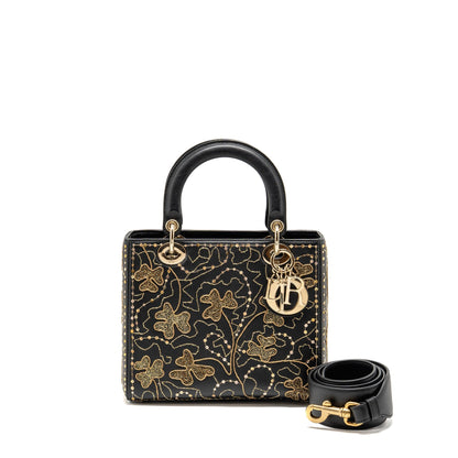 Dior Medium Lady Dior Embroidered Floral Limited Edition Leather Black/Gold