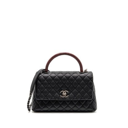 Chanel Medium Coco Handle Caviar/Lizard Handle Black/Burgundy Ruthenium Hardware