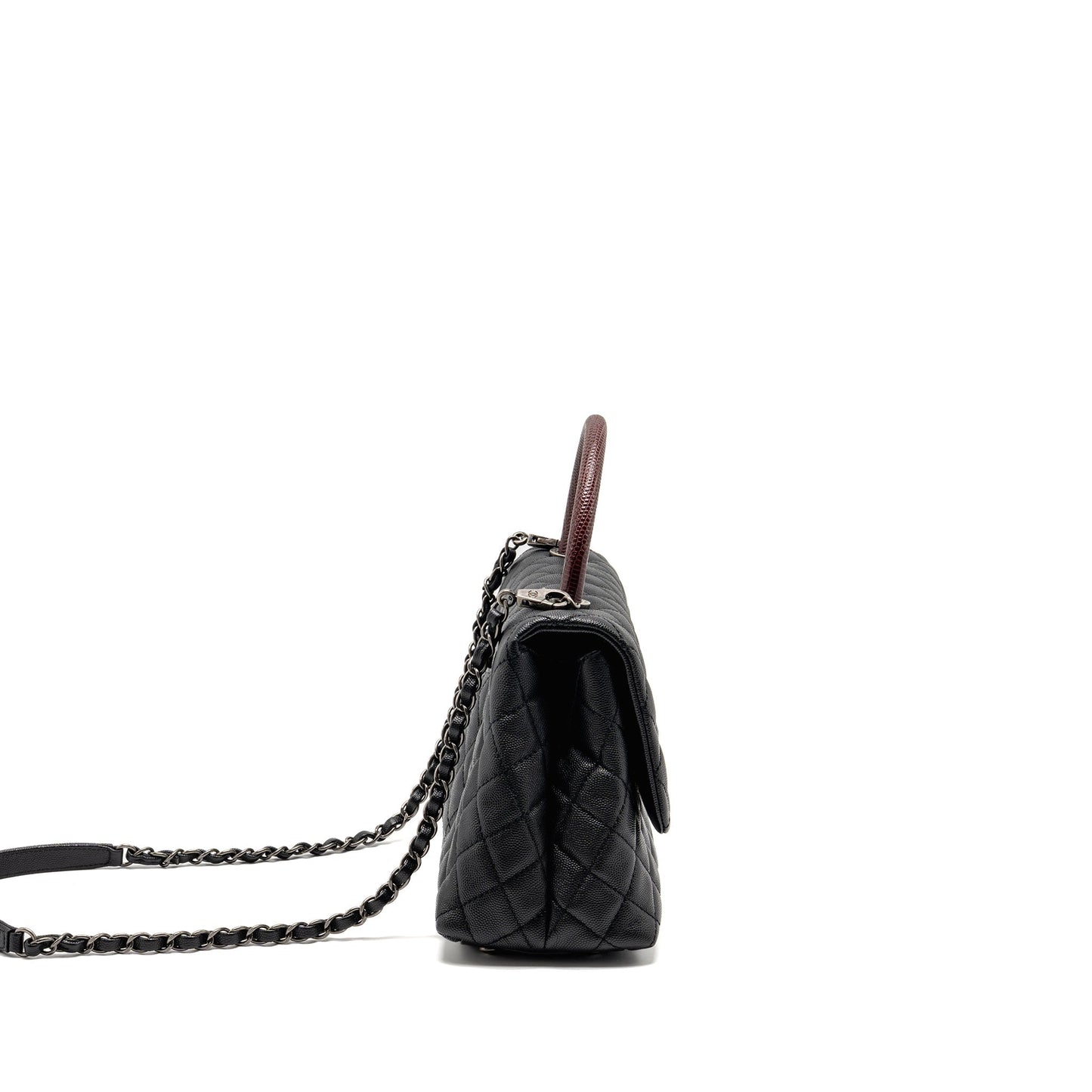 Chanel Medium Coco Handle Caviar/Lizard Handle Black/Burgundy Ruthenium Hardware