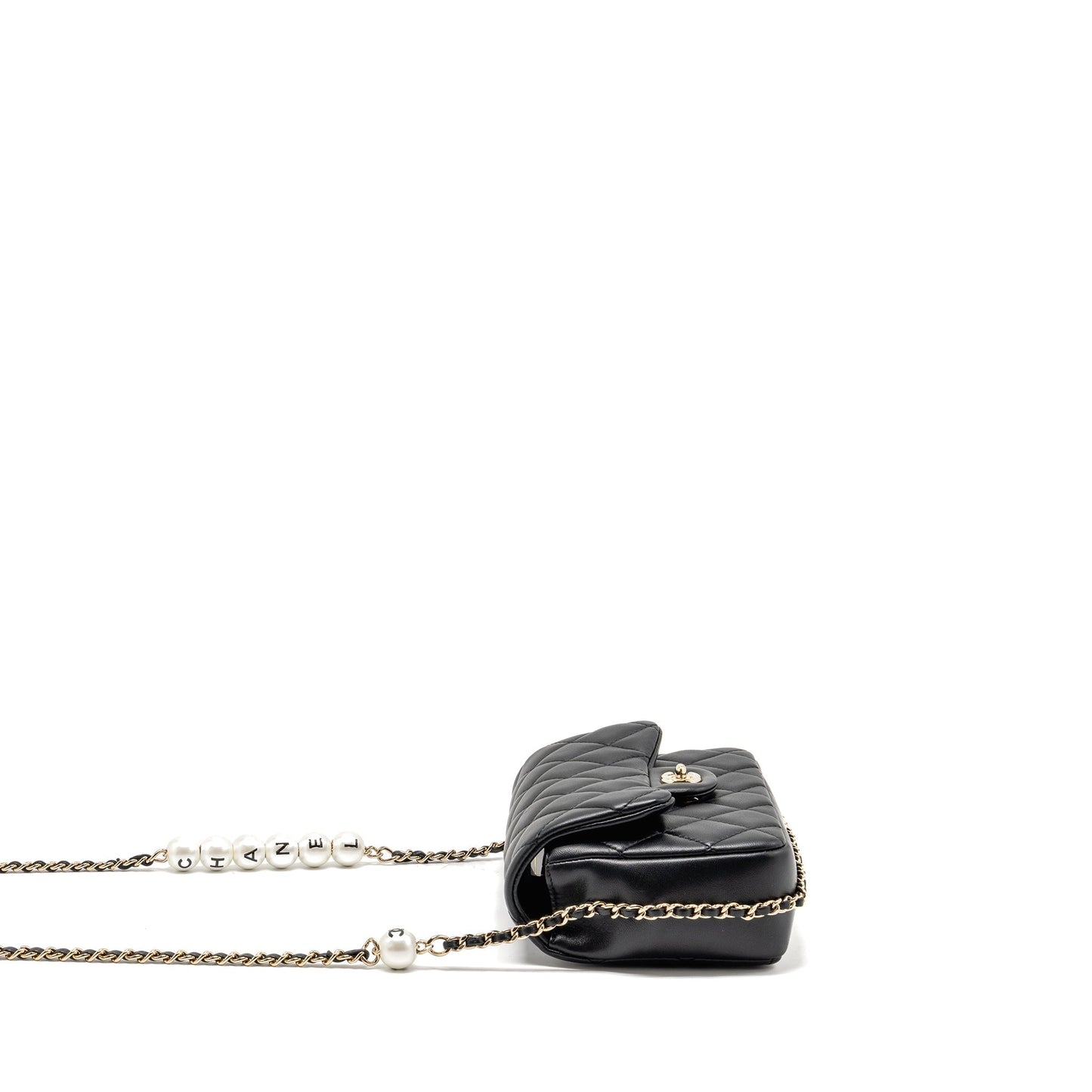 Chanel Quilted Flap Bag with Pearl Detailed Chain Lambskin Black LGHW