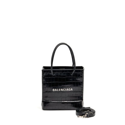 Balenciaga Shopping Tote Purse Crocodile-Embossed Calfskin Black