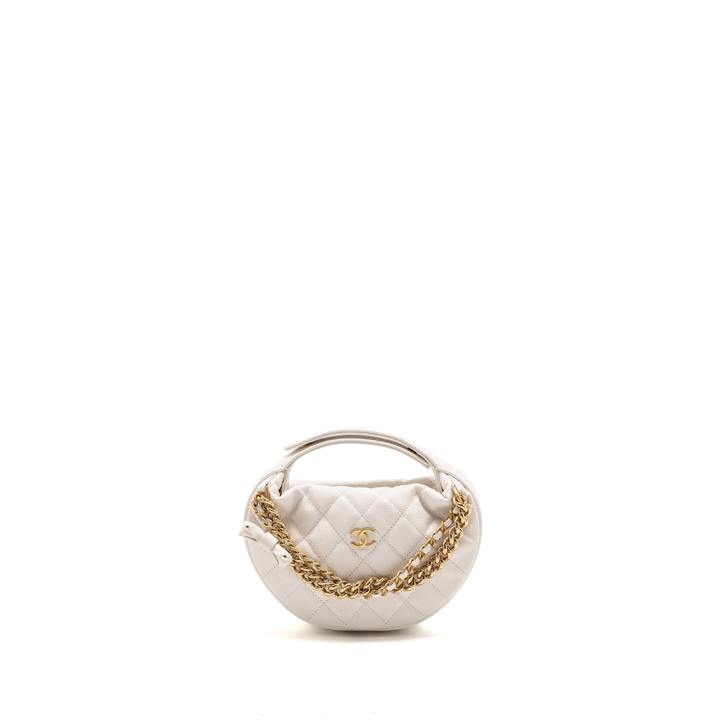 Chanel 24S Mini Round Bow Pouch Bag with Chain Caviar White GHW (Microchip)