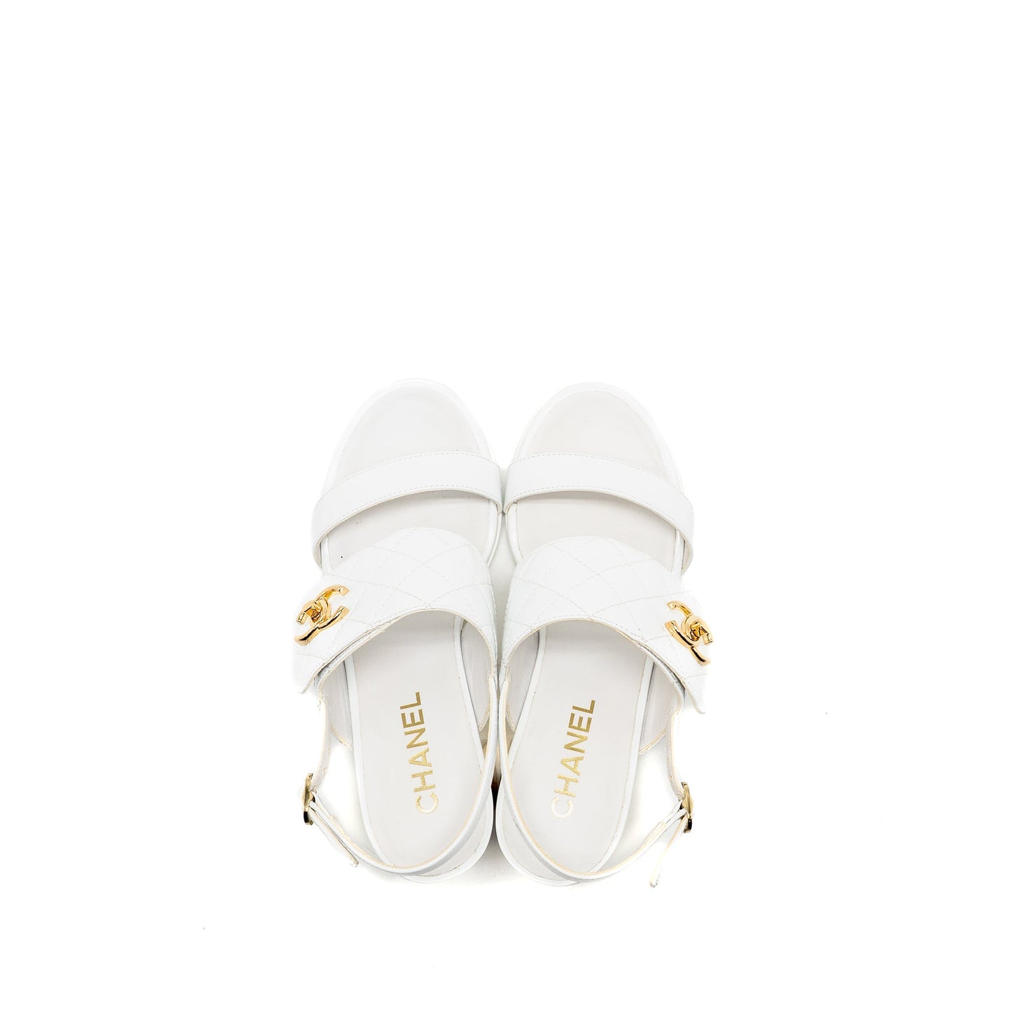 Chanel Size 37 23P CC Logo Sandals Patent Goatskin White GHW