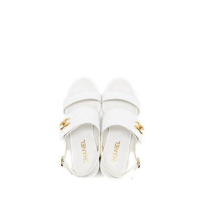 Chanel Size 37 23P CC Logo Sandals Patent Goatskin White GHW