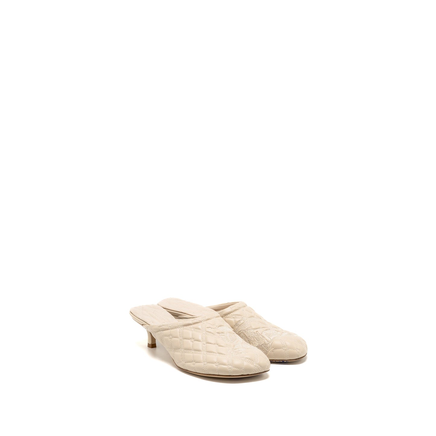 Burberry Size 37 Embroidered Quilted Slip-On Mules Leather Light Beige
