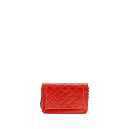 Chanel Boy Wallet On Chain Lambskin Red Ruthenium Silver Hardware