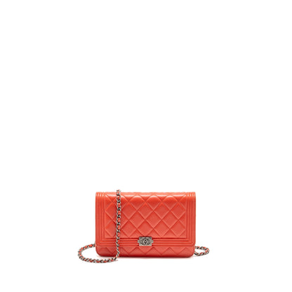 Chanel Boy Wallet On Chain Lambskin Red Ruthenium Silver Hardware