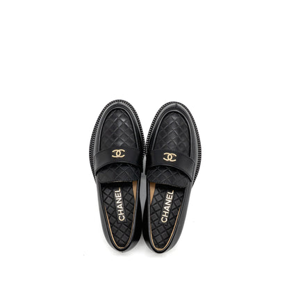 Chanel Size 37.5 CC Quilted Loafers Leather Black LGHW