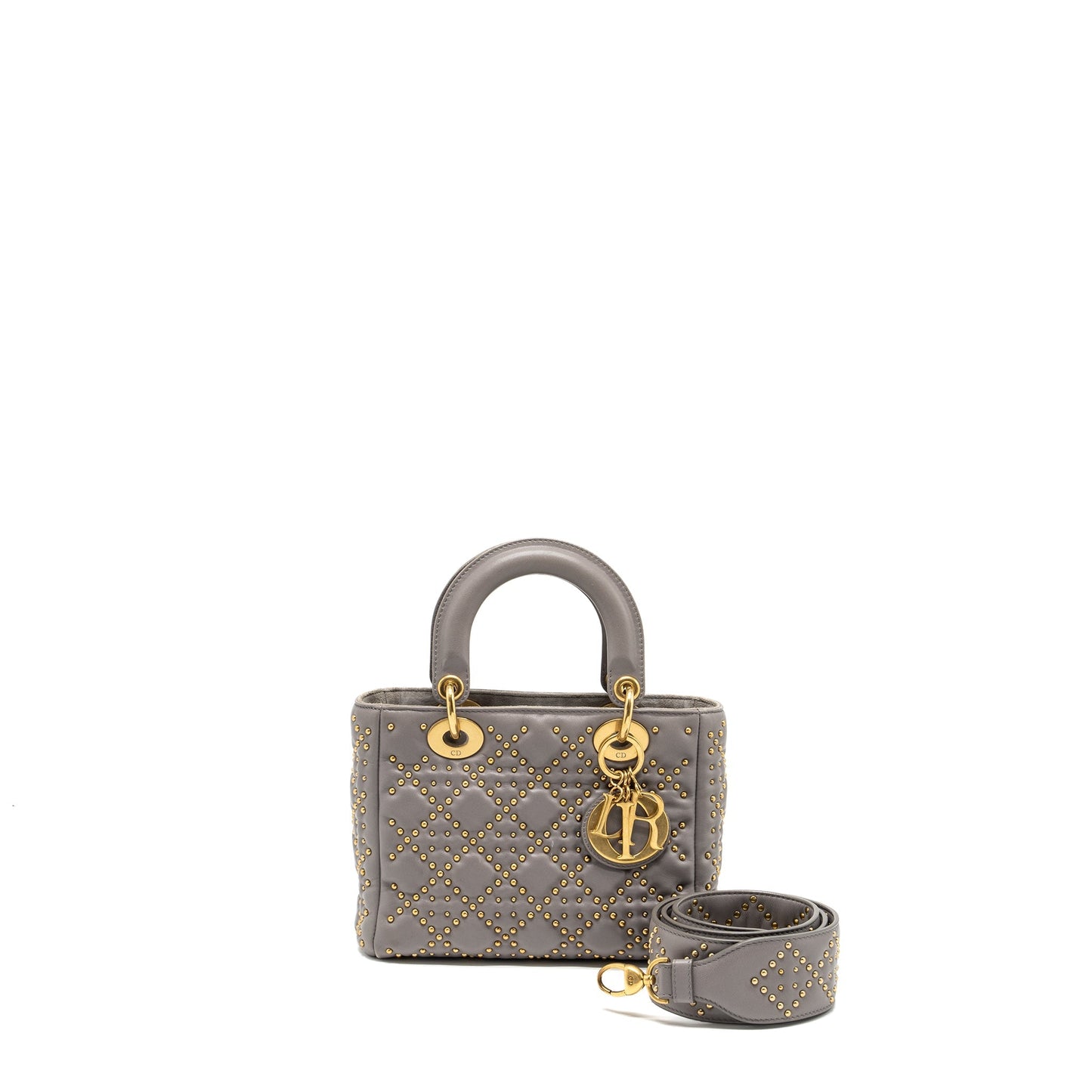 Dior Small Supple Lady Dior Studded Calfskin Grey