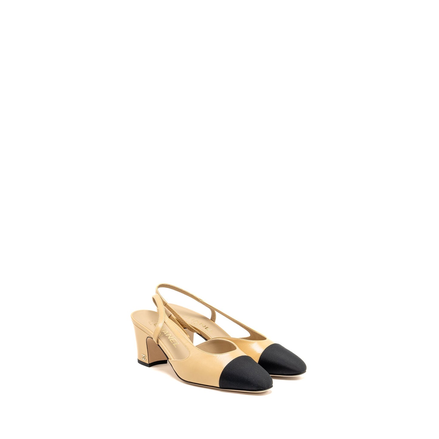 Chanel Size 37 Slingbacks shoes goatskin/Grosgrain Black/Beige