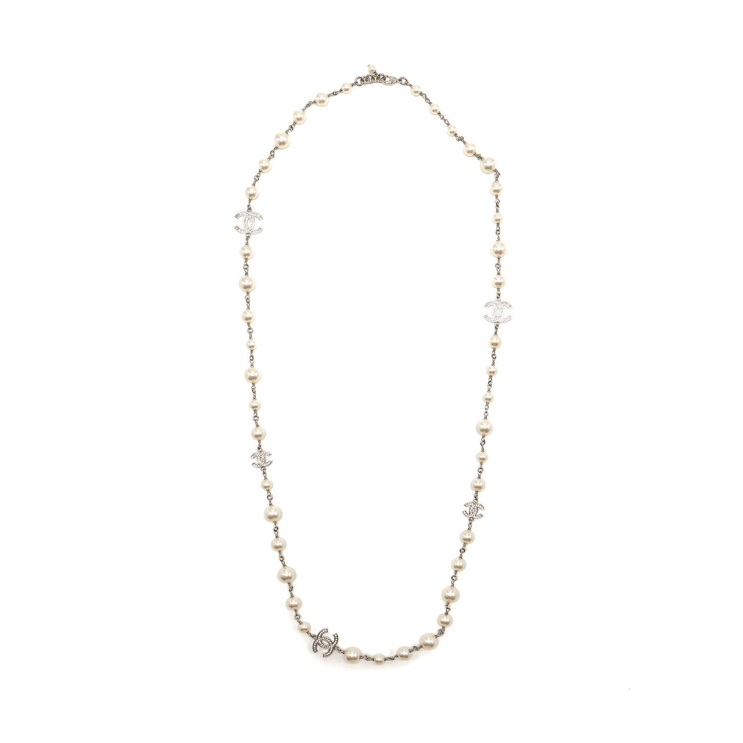 Chanel Pearl and CC Logo with Crystal Long Necklace Silver Tone
