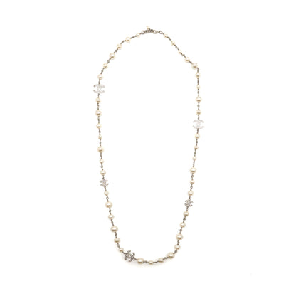 Chanel Pearl and CC Logo with Crystal Long Necklace Silver Tone