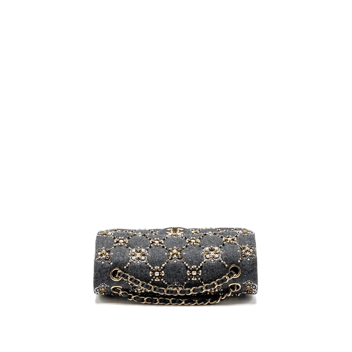 Chanel 21A pearl strass crystal medium classic double flap bag fabric grey LGHW