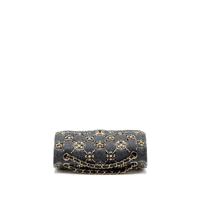 Chanel 21A pearl strass crystal medium classic double flap bag fabric grey LGHW