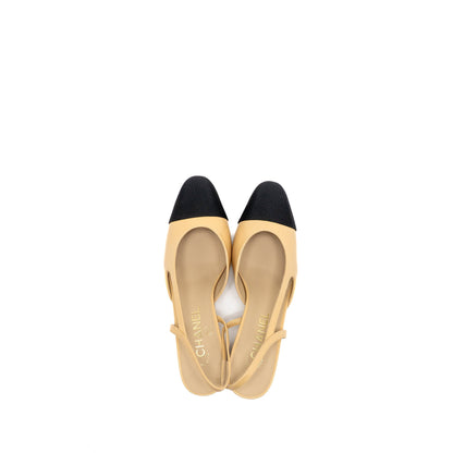 Chanel Size 37 Slingbacks shoes goatskin/Grosgrain Black/Beige