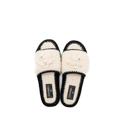 Chanel Size 39 23C Camellia Crochet Mules Sandals Ivory / Black
