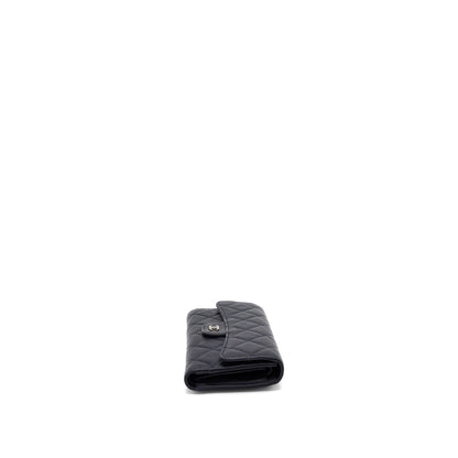 Chanel Classic Quilted Flap Long Wallet Caviar Dark Blue SHW