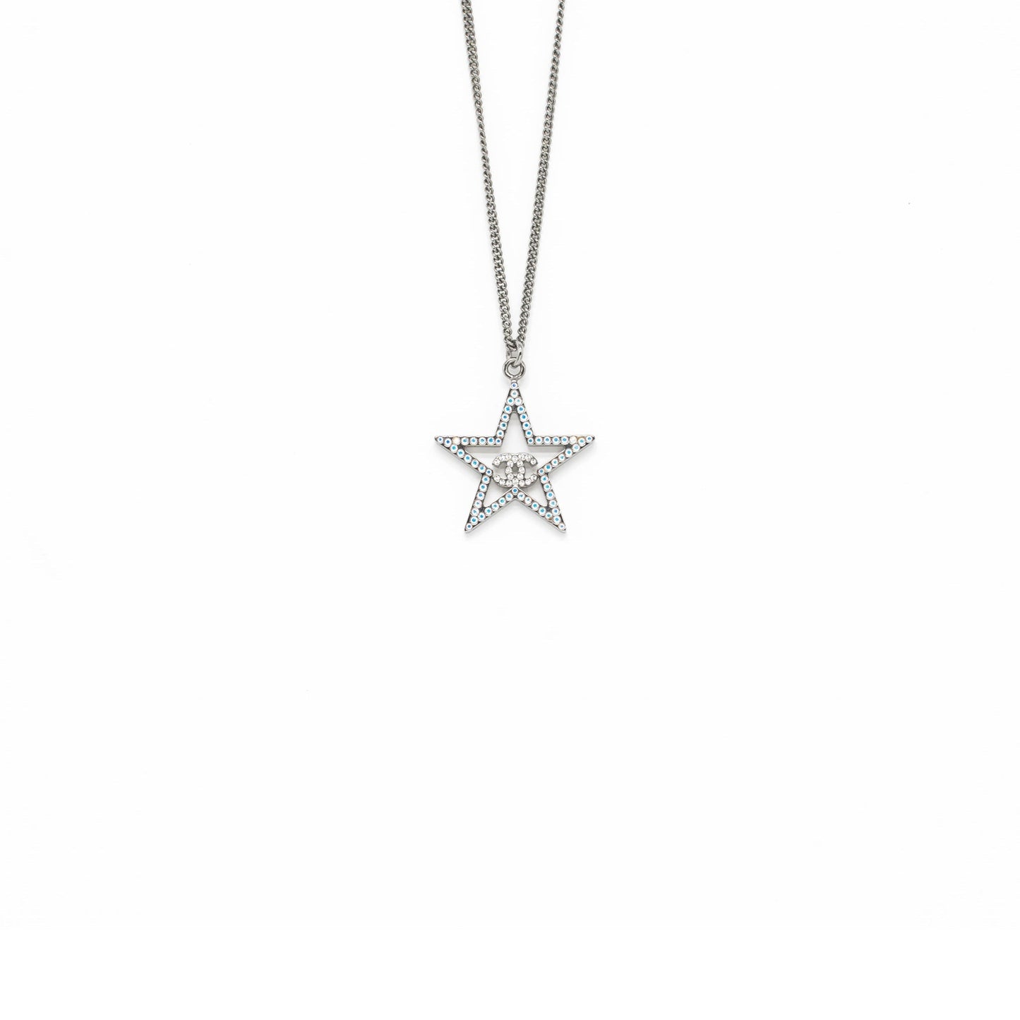 Chanel Star with CC Logo Iridescent Necklace Crystal Silver Tone