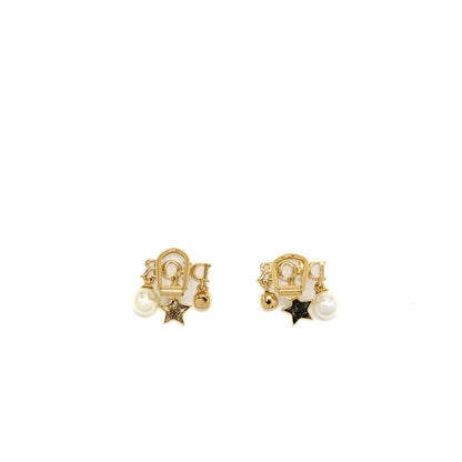 Dior Logo Ear Clips Pearl Gold Tone