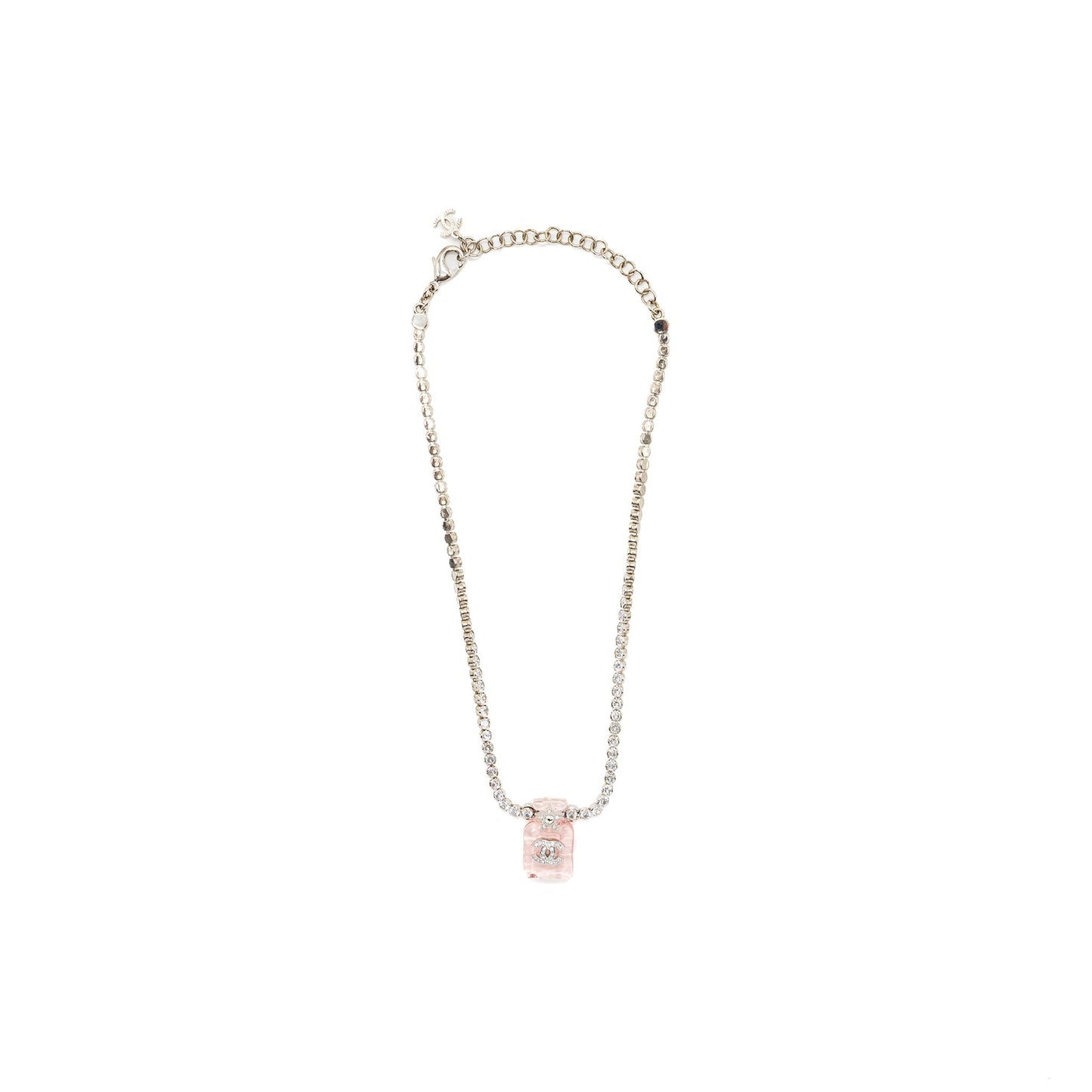 Chanel Perfume Bottle Necklace Crystal Silver Tone