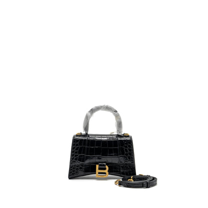 Balenciaga Hourglass Handbag Crocodile Embossed Black