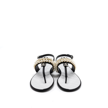 Chanel 22B Size 36 Flip Flops Sandals Pearl Leather/Fabric Black SHW