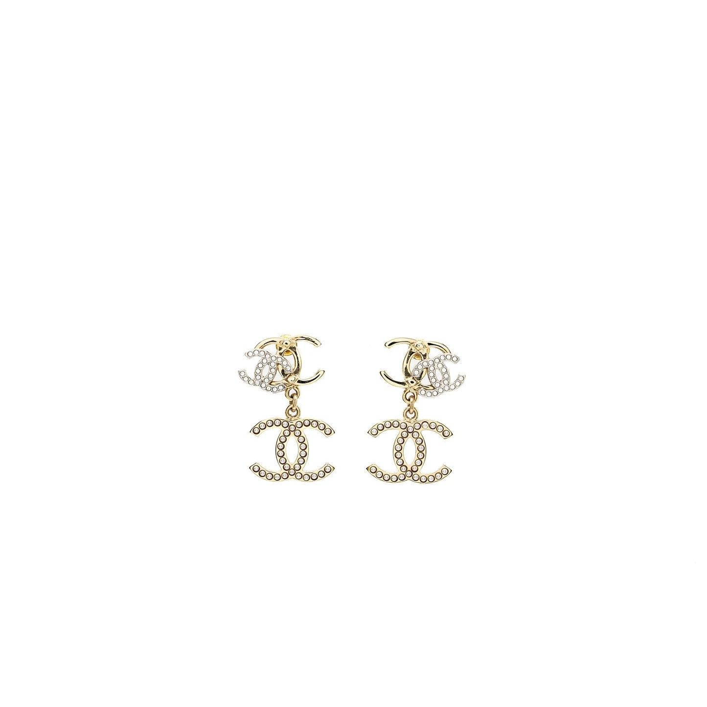 Chanel Triple CC logo drop earrings light gold tone
