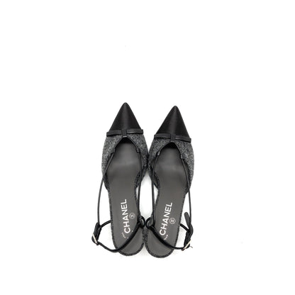 Chanel Size 37.5 Cap Toe CC Slingback Pumps Tweed Grey/Black