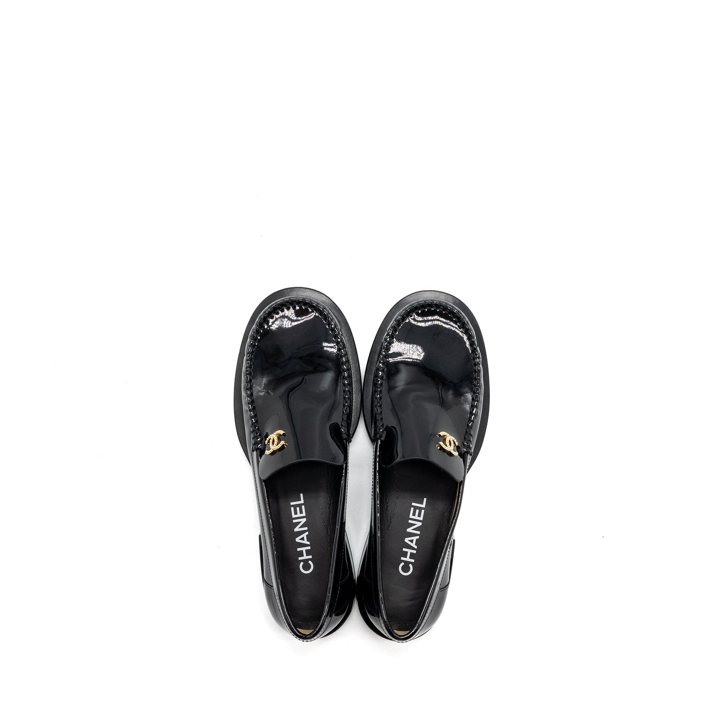 Chanel Size 38.5 CC Logo With Pearl Loafer Patent Black GHW