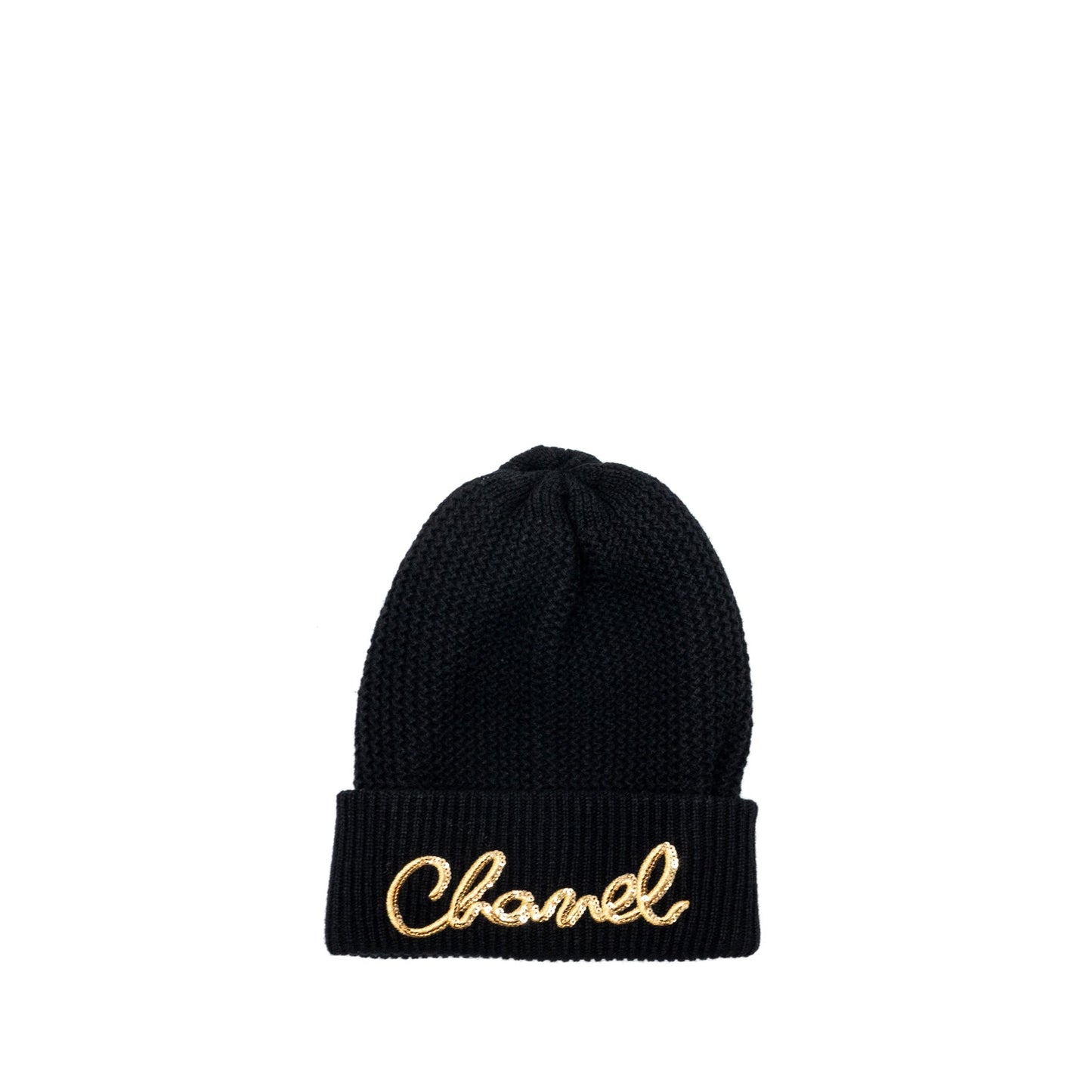 Chanel Beanie with Gold Letters Cashmere Black