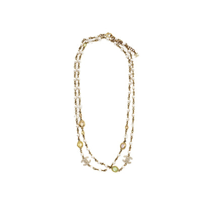 Chanel CC Logo/Pearl/Crystal Long Necklace Light Gold Tone