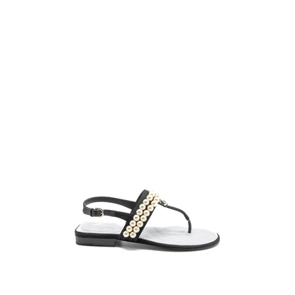 Chanel 22B Size 36 Flip Flops Sandals Pearl Leather/Fabric Black SHW