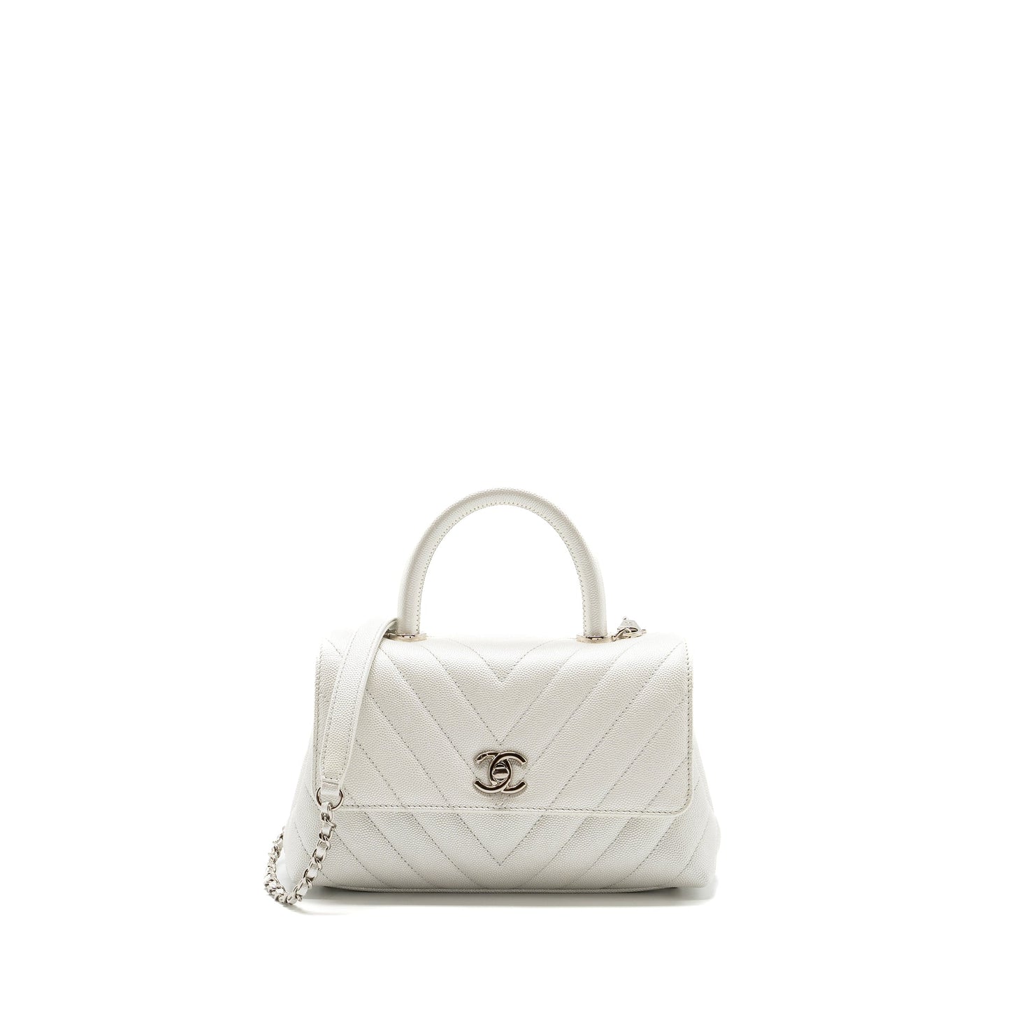 Chanel chevron small coco handle caviar iridescent white SHW