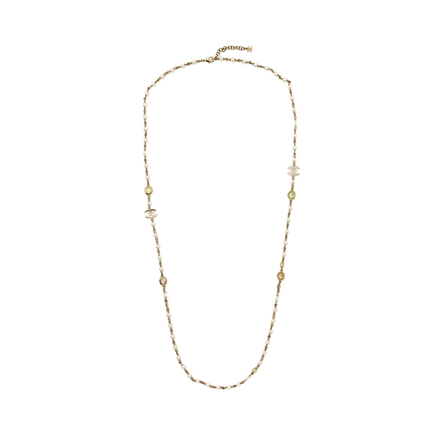 Chanel CC Logo/Pearl/Crystal Long Necklace Light Gold Tone