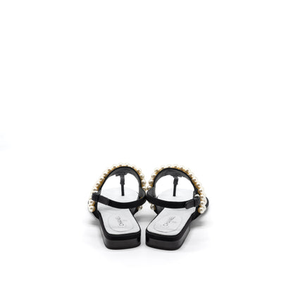 Chanel 22B Size 36 Flip Flops Sandals Pearl Leather/Fabric Black SHW