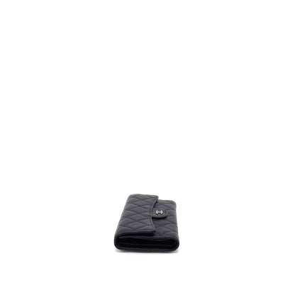 Chanel Classic Quilted Flap Long Wallet Caviar Dark Blue SHW