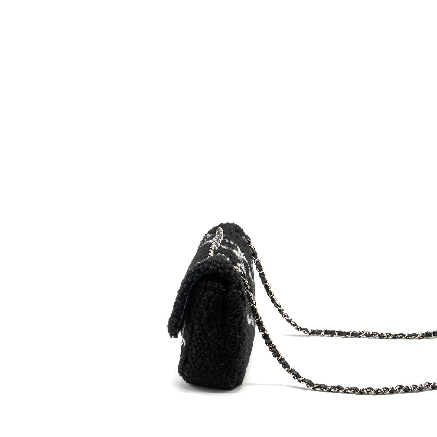 Chanel 22A Fluffy Camellia Flap Bag Embroidered Shearling Lambskin Black / White SHW (Microchip)