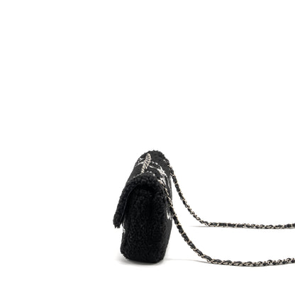 Chanel 22A Fluffy Camellia Flap Bag Embroidered Shearling Lambskin Black / White SHW (Microchip)