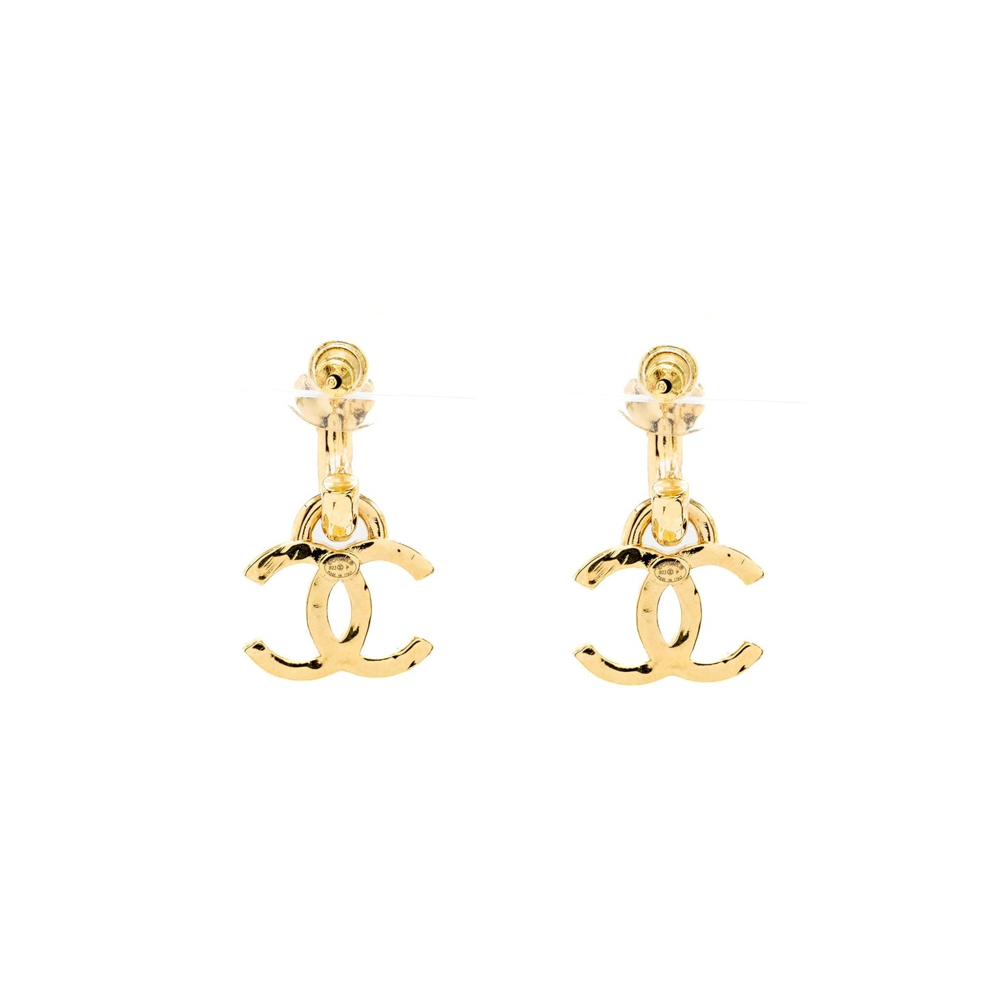 Chanel CC Drop Heart Hoop Earrings Crystal Gold Tone