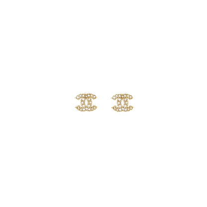 Chanel Classic Crystal CC Logo Earrings Light Gold Tone