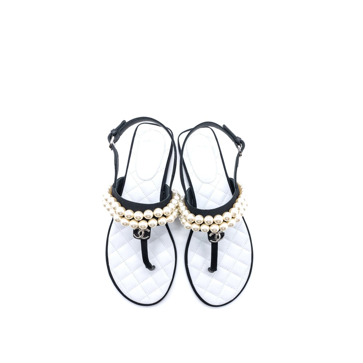 Chanel 22B Size 36 Flip Flops Sandals Pearl Leather/Fabric Black SHW