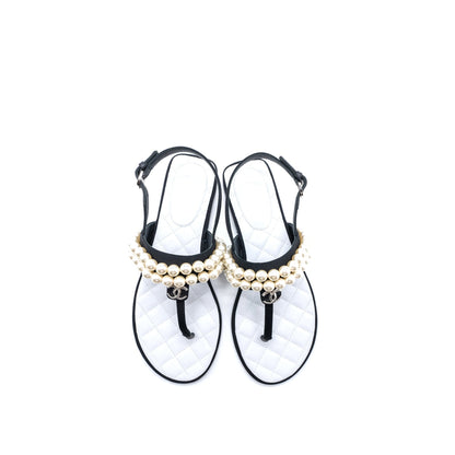 Chanel 22B Size 36 Flip Flops Sandals Pearl Leather/Fabric Black SHW